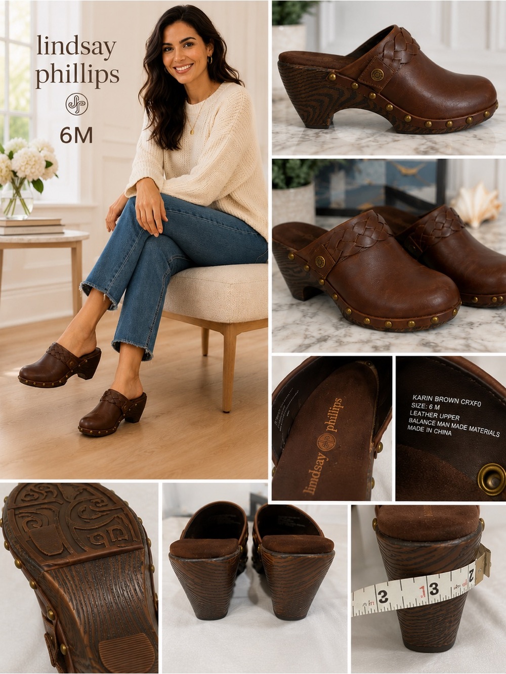 Lindsay Phillips Karin Brown Leather Clog Mules Woodgrain Heel Size 6M